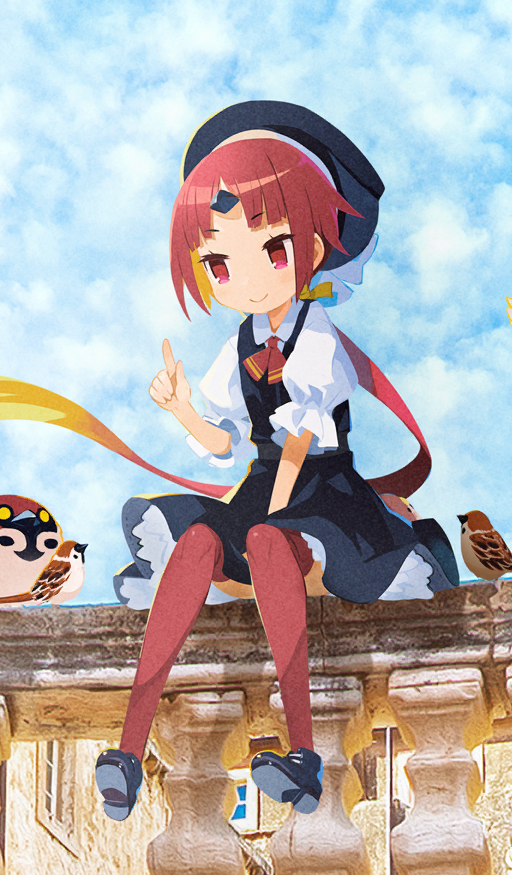 1girl animal architecture beni-enma beni-enma_(tour_outfit) between_legs bird black_dress black_horns black_shoes blue_sky blunt_bangs closed_mouth cloud cloudy_sky collared_shirt commentary day dress fate/grand_order fate_(series) from_below full_body gradient_hair hand_between_legs hand_up harada_takehito horns index_finger_raised long_hair looking_to_the_side low_ponytail multicolored_hair neckerchief official_art orange_hair outdoors parted_bangs petite petticoat photo_background pinafore_dress ponytail puffy_short_sleeves puffy_sleeves red_eyes red_hair red_neckerchief red_thighhighs shirt shoes short_dress short_sleeves sidelocks single_horn sitting sky sleeveless sleeveless_dress smile solo sparrow sunlight thighhighs third-party_source very_long_hair white_shirt wing_collar