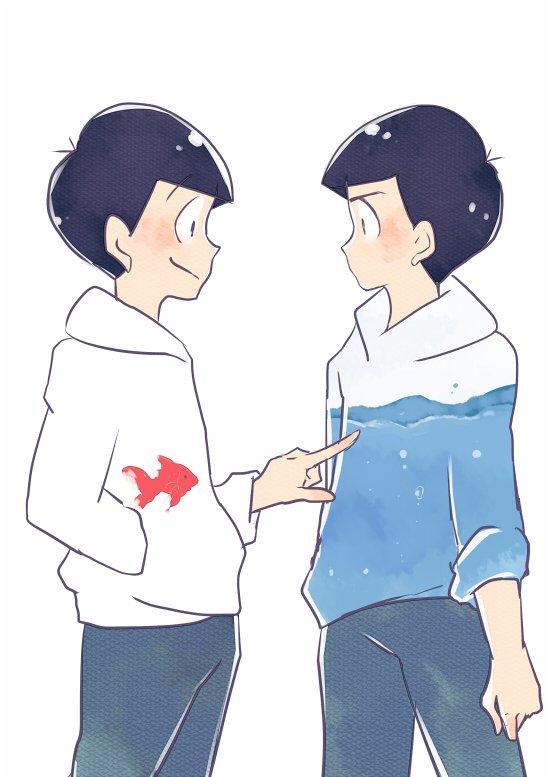 2boys animal_print antenna_hair black_eyes black_hair blue_pants blunt_bangs brothers closed_mouth commentary_request cowboy_shot fish_print from_side hanada_hyou hand_in_pocket hood hood_down hoodie light_blush liquid_clothes looking_at_another male_focus matsuno_karamatsu matsuno_osomatsu multiple_boys no_mouth osomatsu-san osomatsu_(series) pants pointy_nose poking short_hair siblings simple_background smile standing tareme thick_eyebrows water white_background white_hoodie