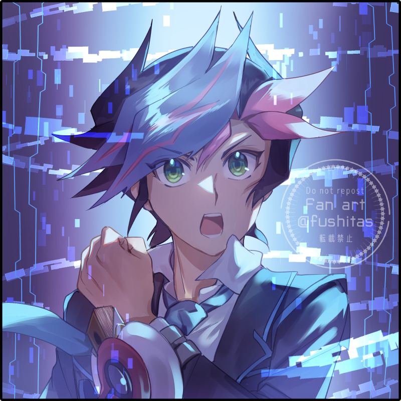 1boy card collared_shirt duel_disk eyelashes fujiki_yusaku fushitasu green_eyes grey_background jacket looking_at_viewer male_focus necktie open_mouth playing_card shirt short_hair shouting signature solo teeth yu-gi-oh! yu-gi-oh!_vrains