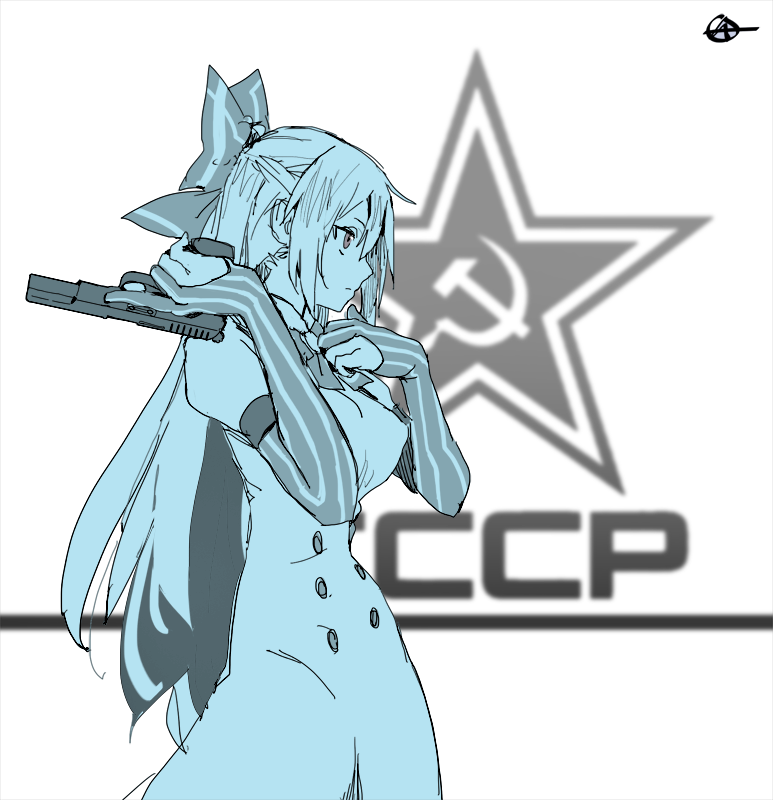 1girl bow breasts circle_a commentary_request cowboy_shot dress from_side girls&#039;_frontline gun hair_bow hammer_and_sickle handgun juliet_sleeves large_breasts long_hair long_sleeves monochrome profile puffy_sleeves red_eyes solo spot_color star_(symbol) tokarev_(girls&#039;_frontline) tokarev_tt-33 weapon