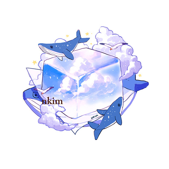 artist_name bird blue_sky cloud cloudy_sky floating ice ice_cube nadia_kim napkin no_humans original plate seagull simple_background sky star_(sky) starry_sky whale white_background