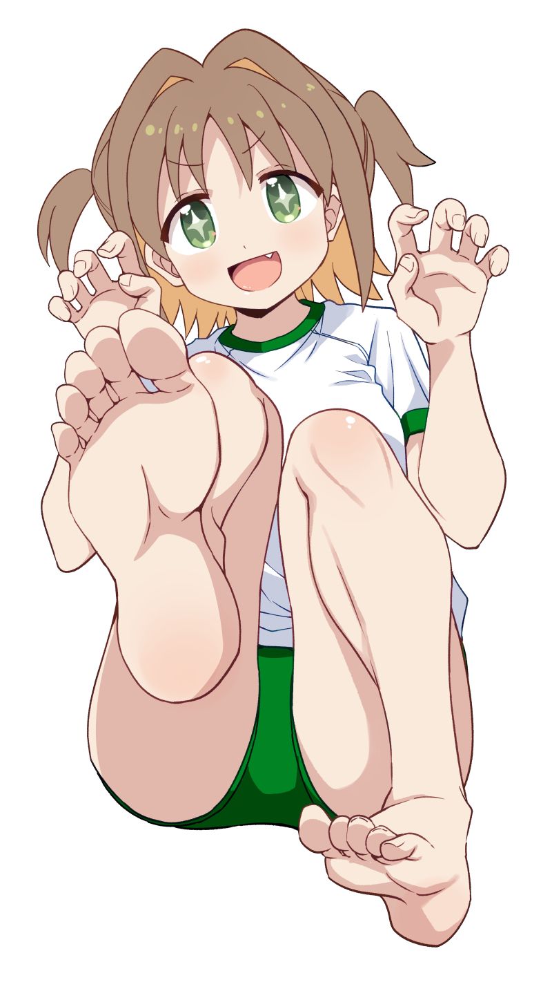 1girl ass barefoot breasts brown_hair buruma claw_pose fang feet foot_focus foot_up full_body green_buruma green_eyes gym_uniform hair_intakes highres light_blush looking_at_viewer medium_breasts oka_asahi onii-chan_wa_oshimai! open_mouth ponzu_rui shirt short_hair short_twintails simple_background sitting smile soles solo star-shaped_pupils star_(symbol) symbol-shaped_pupils toes twintails white_background white_shirt