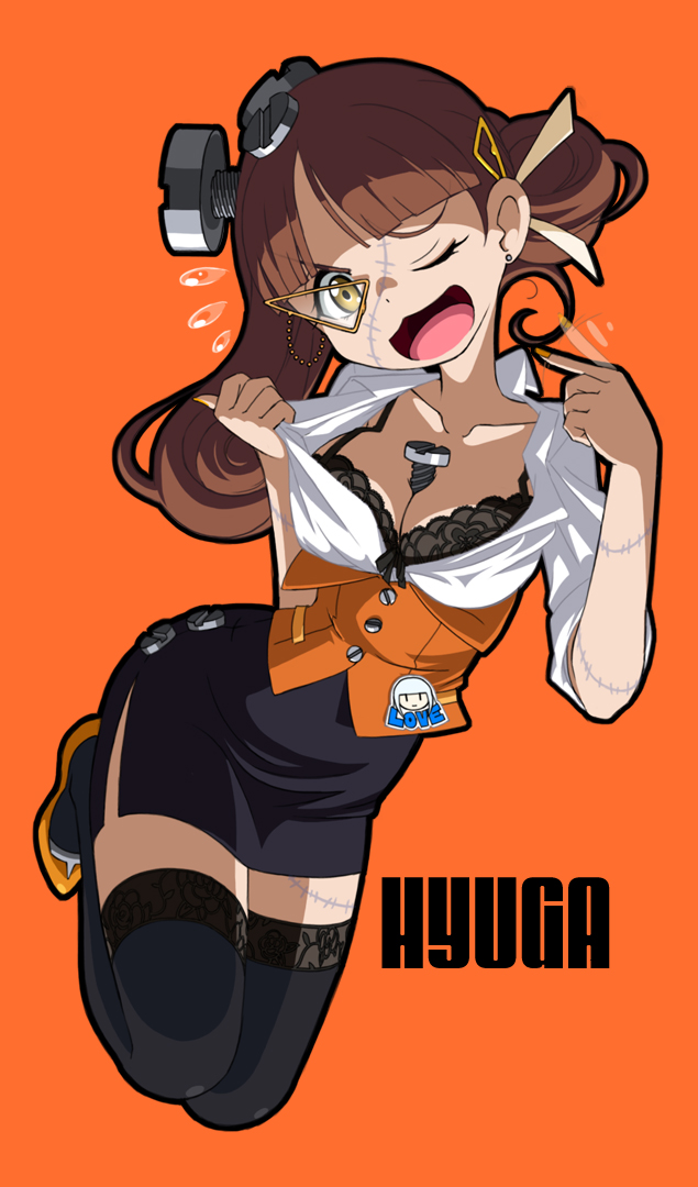10s 1girl :3 aoki_hagane_no_arpeggio bad_id bad_pixiv_id between_breasts black_bra black_thighhighs blunt_bangs bra breasts brown_hair cleavage earrings female_focus full_body hyuuga_(aoki_hagane_no_arpeggio) iona_(aoki_hagane_no_arpeggio) jewelry kamo_3 lace lace-trimmed_legwear lace_trim large_breasts legs_folded legs_together long_hair miniskirt monocle one_eye_closed open_mouth orange_background orange_shirt pencil_skirt pin pointing pointing_at_self screw shirt simple_background skirt solo thighhighs underwear yellow_eyes