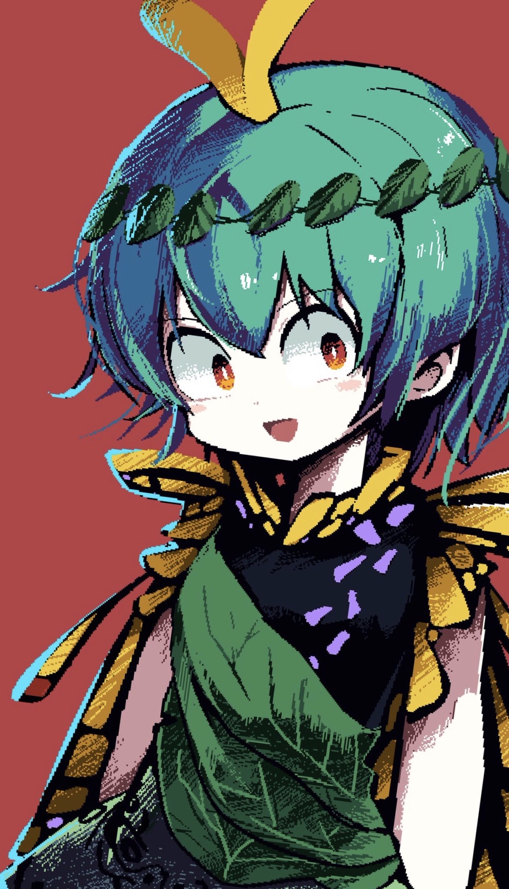 1girl antennae aqua_hair bad_id bad_nicoseiga_id blush_stickers brown_eyes butterfly_wings dress eternity_larva fairy green_dress hair_between_eyes highres insect_wings leaf leaf_on_head multicolored_dress open_mouth piaki pixel_art red_background short_hair simple_background single_strap solo third-party_source touhou upper_body wings