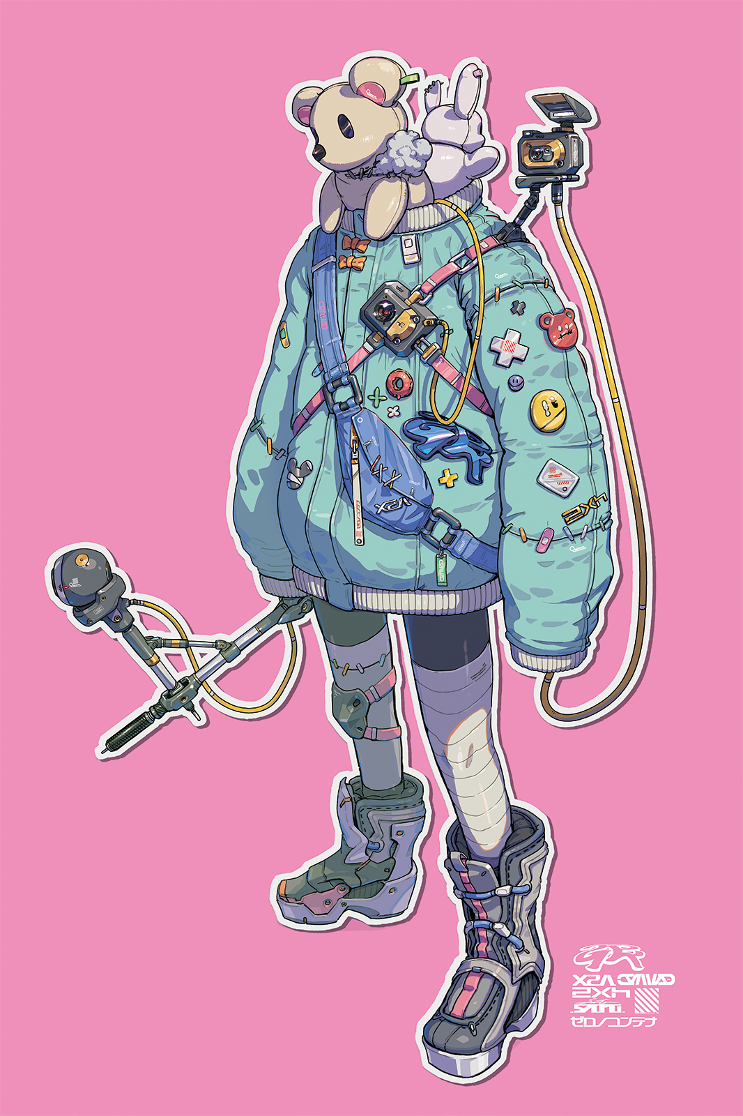 1other aqua_jacket bandaged_leg bandages bandaid black_boots blue_bag boots bow cable camera commentary english_commentary esuthio full_body highres humanoid_robot jacket knee_pads long_sleeves no_hands orange_bow original pink_background plus_sign_ornament pouch robot science_fiction simple_background single_knee_pad solo sticker stuffed_animal stuffed_rabbit stuffed_toy teddy_bear teddy_bear_ornament