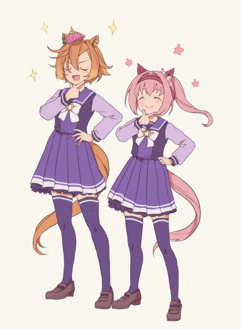 2girls :d ^_^ animal_ear_piercing animal_ears bow bowtie brown_shoes closed_eyes closed_mouth commentary_request floating_hair flower_symbol hair_between_eyes hair_bow hair_intakes hairband hand_on_own_chin hand_on_own_hip hand_up haru_urara_(umamusume) horse_ears horse_girl horse_tail horseshoe_ornament invisible_floor l_hand loafers long_sleeves miniskirt multiple_girls nnmkmwakaranai open_mouth orange_hair orange_tail pink_bow pink_hair pink_tail pleated_skirt ponytail purple_shirt purple_skirt purple_thighhighs red_hairband sailor_collar sailor_shirt school_uniform shirt shoes short_hair side-by-side simple_background skirt smile sparkle standing t.m._opera_o_(umamusume) tail thighhighs tracen_school_uniform umamusume v-shaped_eyebrows white_background white_bow white_bowtie winter_uniform zettai_ryouiki