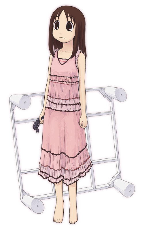 1girl azumanga_daiou bare_shoulders barefoot brown_eyes brown_hair dress emoncake. female_focus full_body kasuga_ayumu kotatsu long_hair pink_dress simple_background solo standing table tears white_background