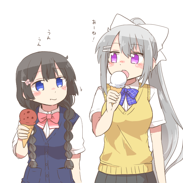 2girls :t black_hair black_skirt blue_bow blue_eyes blush_stickers bow braid breasts cardigan_vest closed_mouth collared_shirt dress_shirt eating food grey_hair hair_between_eyes hair_ornament hairclip higuchi_kaede higuchi_kaede_(3rd_costume) holding holding_food ice_cream ice_cream_cone long_hair low_twintails medium_breasts multiple_girls nijisanji pink_bow pleated_skirt ponytail purple_eyes rebecca_(keinelove) school_uniform shirt short_sleeves skirt sweater_vest translation_request tsukino_mito tsukino_mito_(summer_uniform) twin_braids twintails very_long_hair virtual_youtuber white_bow white_shirt