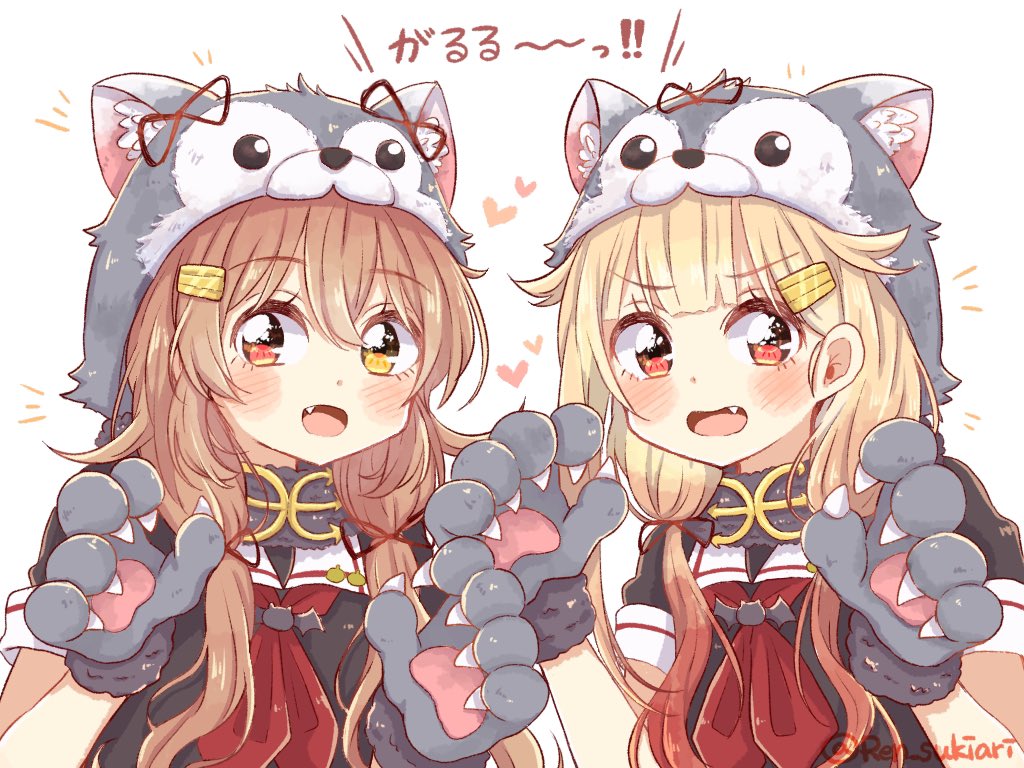 2girls animal_hands animal_hood black_serafuku black_shirt brown_eyes cosplay curled_fingers fang gloves hair_flaps halloween_costume heterochromia hood kantai_collection looking_at_viewer matching_hairstyle matching_outfits multiple_girls murasame_(kancolle) murasame_kai_ni_(kancolle) neckerchief paw_gloves red_eyes red_neckerchief ren_kun sailor_collar sailor_shirt school_uniform serafuku shirt simple_background upper_body white_background white_sailor_collar wolf_hood wolf_paws yuudachi_(halloween)_(kancolle) yuudachi_(kancolle) yuudachi_(kancolle)_(cosplay) yuudachi_kai_ni_(kancolle)