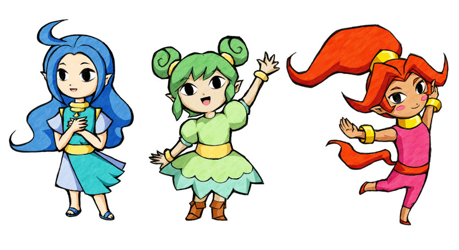 3girls blue_hair din farore green_hair multiple_girls nayru nintendo red_hair simple_background the_legend_of_zelda the_legend_of_zelda:_oracle_of_ages the_legend_of_zelda:_oracle_of_seasons