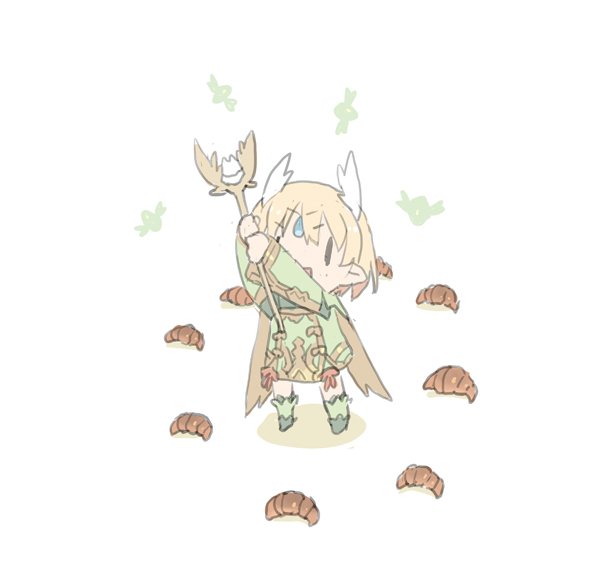 &gt;:d 1girl :d blade_(galaxist) blonde_hair braid chibi circlet commentary_request croissant elf fairy female_focus food full_body juno_bernal open_mouth pointy_ears pop-up_story simple_background smile solo staff twin_braids v-shaped_eyebrows white_background |_|