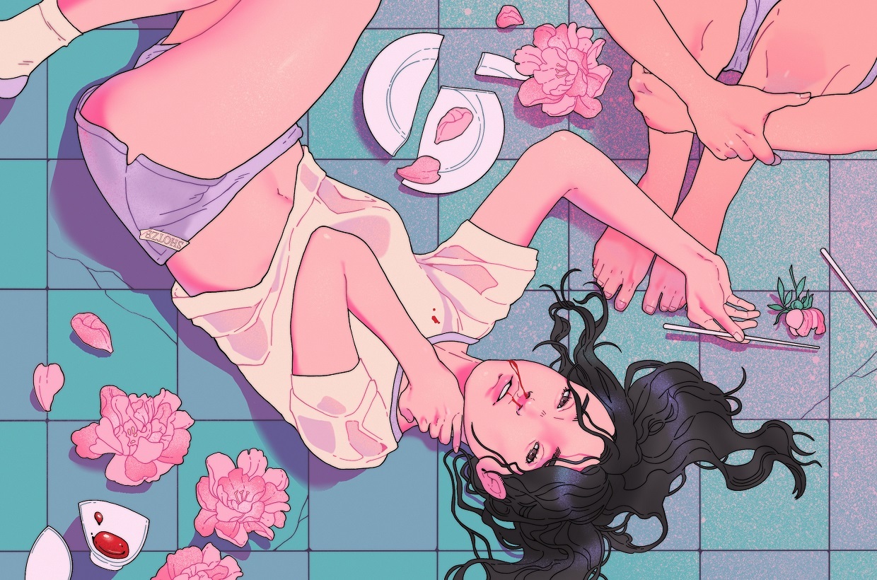 barefoot black_hair blood blood_on_clothes blue_shorts broken broken_cup broken_plate brown_eyes chopsticks commentary crack cracked_floor english_commentary flower from_above hand_on_own_neck holding holding_chopsticks hugging_own_legs looking_at_viewer looking_up lying navel nosebleed on_back on_floor open_mouth original out_of_frame pastel_colors petals pink_flower pink_petals plate sh0tze shirt short_shorts shorts socks t-shirt tile_floor tiles white_shirt white_socks