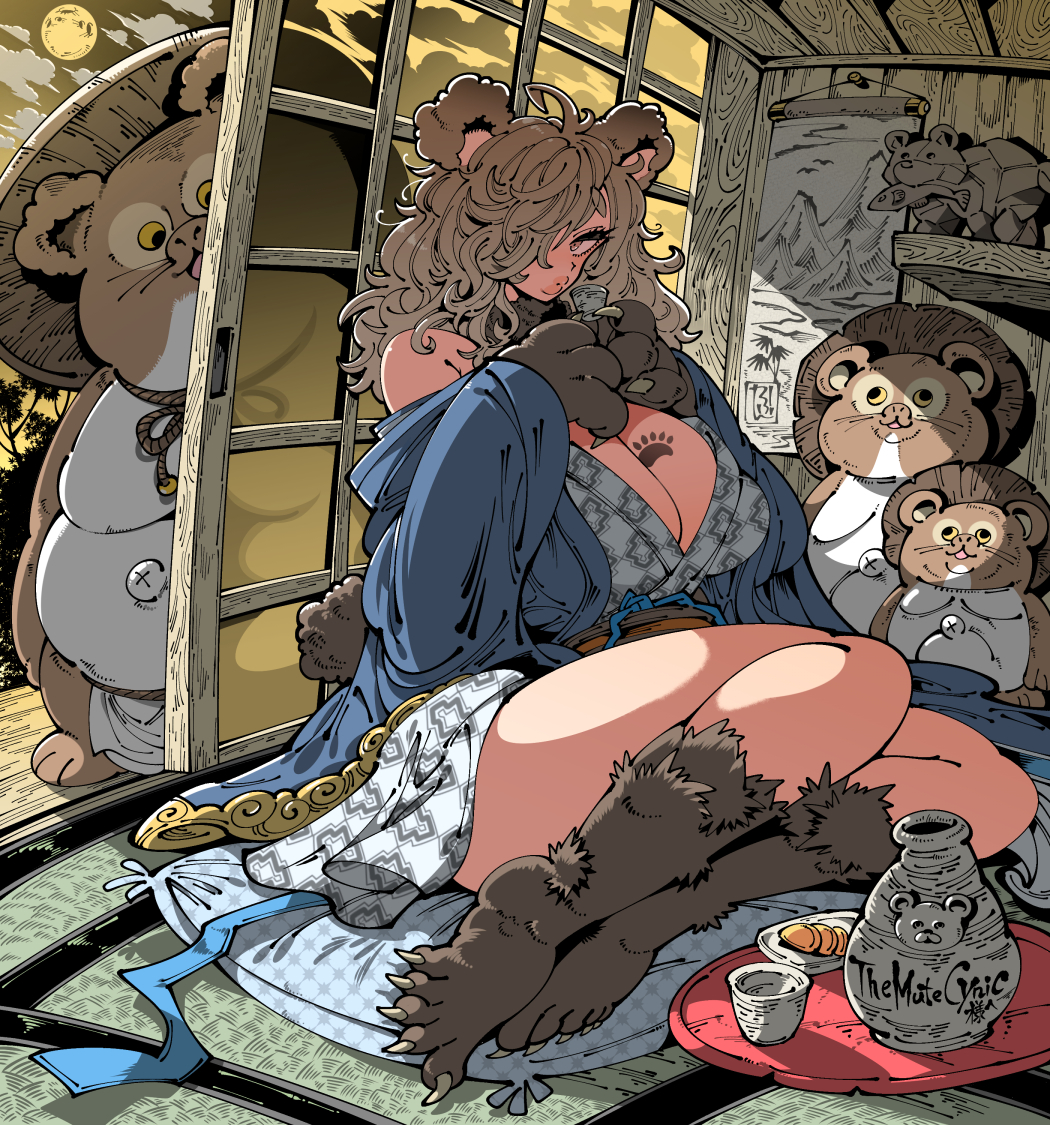 1girl animal_ears animal_feet animal_hands breasts brown_hair claws cleavage cloud cup full_body hands_up holding holding_cup huge_breasts japanese_clothes kafun kimono long_hair looking_at_another looking_at_viewer moon navel o3o one_eye_covered original paw_print_tattoo puckered_lips sitting tail