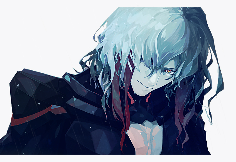 1boy armor black_armor closed_mouth commentary_request fate/grand_order fate_(series) grey_hair hair_over_one_eye light_particles male_focus multicolored_hair odysseus_(fate) orange_eyes pectoral_cleavage pectorals sei_8220 serious simple_background solo streaked_hair upper_body white_background