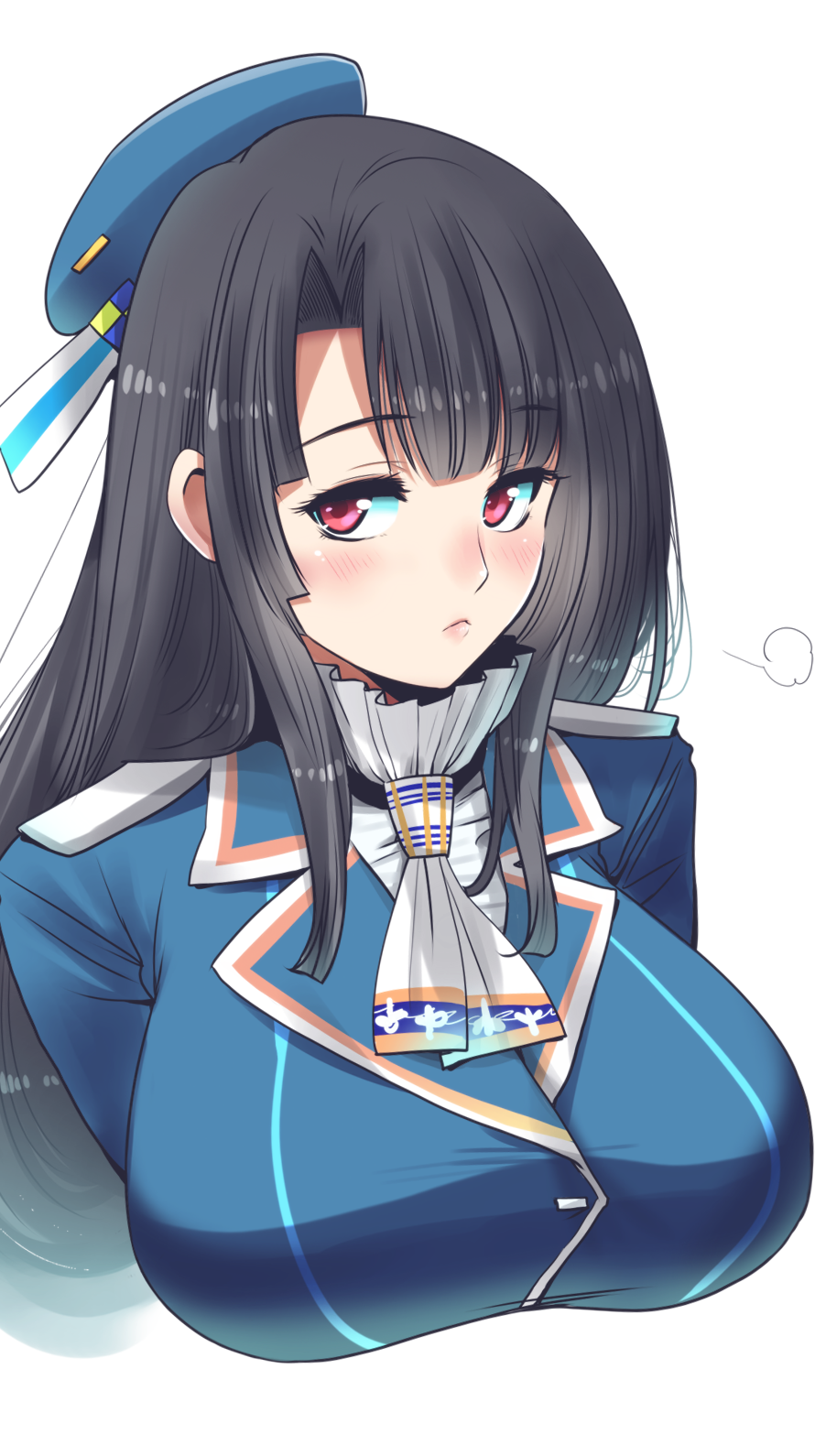 1girl alternate_hairstyle beret black_hair blush breasts closed_mouth hat highres kantai_collection large_breasts long_hair looking_at_viewer military military_uniform neckerchief perepere-kun red_eyes sidelocks simple_background solo takao_(kancolle) upper_body white_background