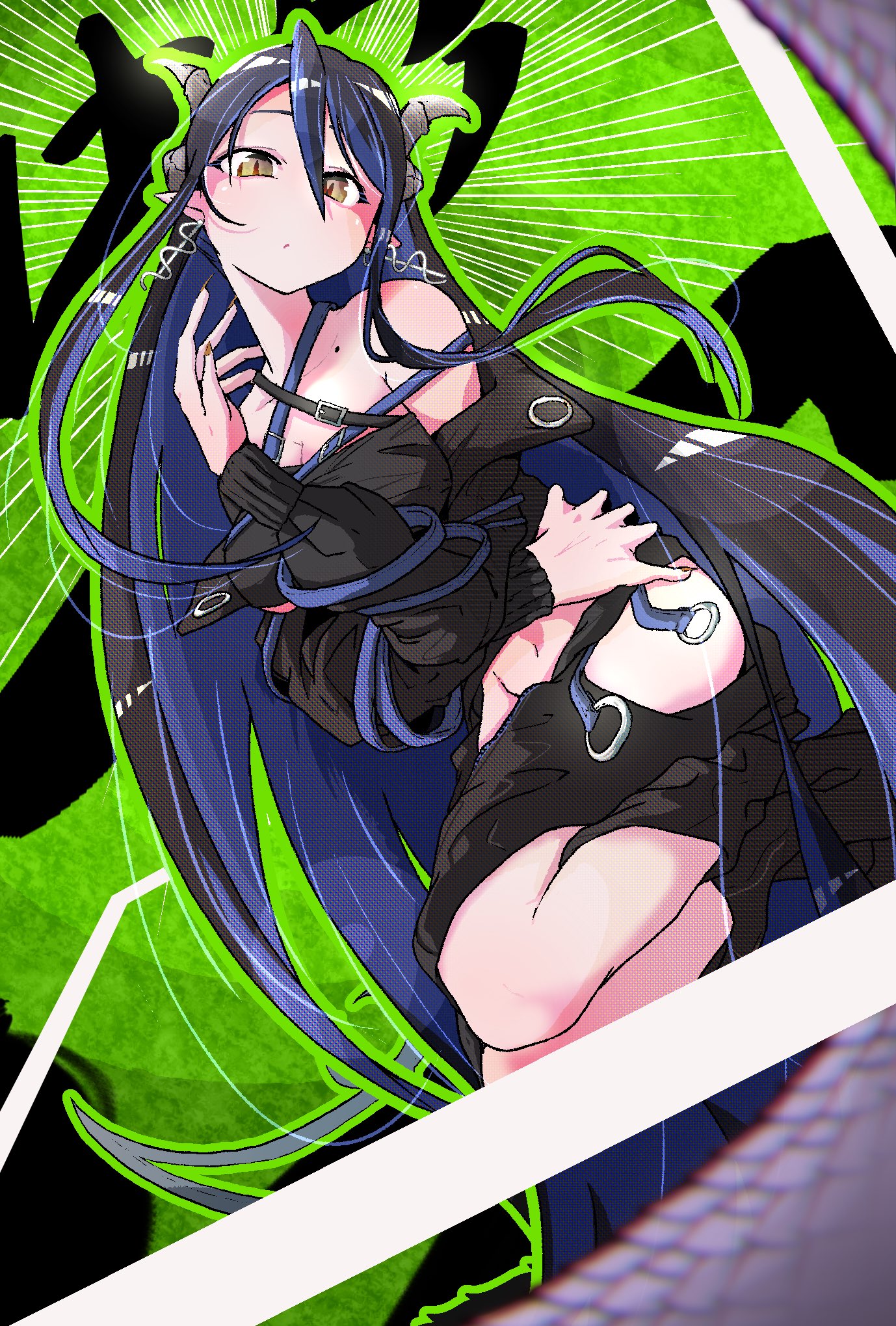 1girl bandeau bane_mk-2 belt black_bandeau black_belt black_hair black_jacket black_skirt blue_belt blue_hair breasts brown_eyes chest_belt cleavage closed_mouth commentary_request curled_horns demon_girl demon_horns expressionless full_body green_background grey_horns hair_between_eyes hebiyoi_tier hebiyoi_tier_(1st_costume) highres hip_vent horns jacket jumping large_breasts long_bangs long_hair long_sleeves looking_at_viewer multicolored_hair nanashi_inc. navel off_shoulder open_clothes open_jacket pointy_ears sidelocks skirt solo two-tone_hair very_long_hair virtual_youtuber