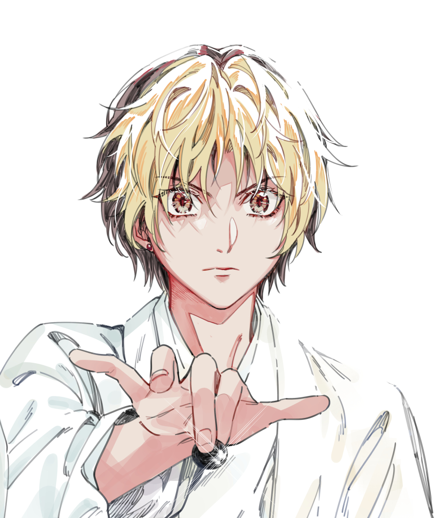 1boy black_hair blonde_hair board_game coat colored_bangs earrings glint go_(board_game) hikaru_no_go holding hun_(endlesslovehikaru) japanese_clothes jewelry kimono looking_at_viewer male_focus multicolored_hair orange_eyes outstretched_arm playing_games portrait reaching reaching_towards_viewer serious shindou_hikaru short_hair simple_background solo stud_earrings two-tone_hair white_background white_coat white_kimono
