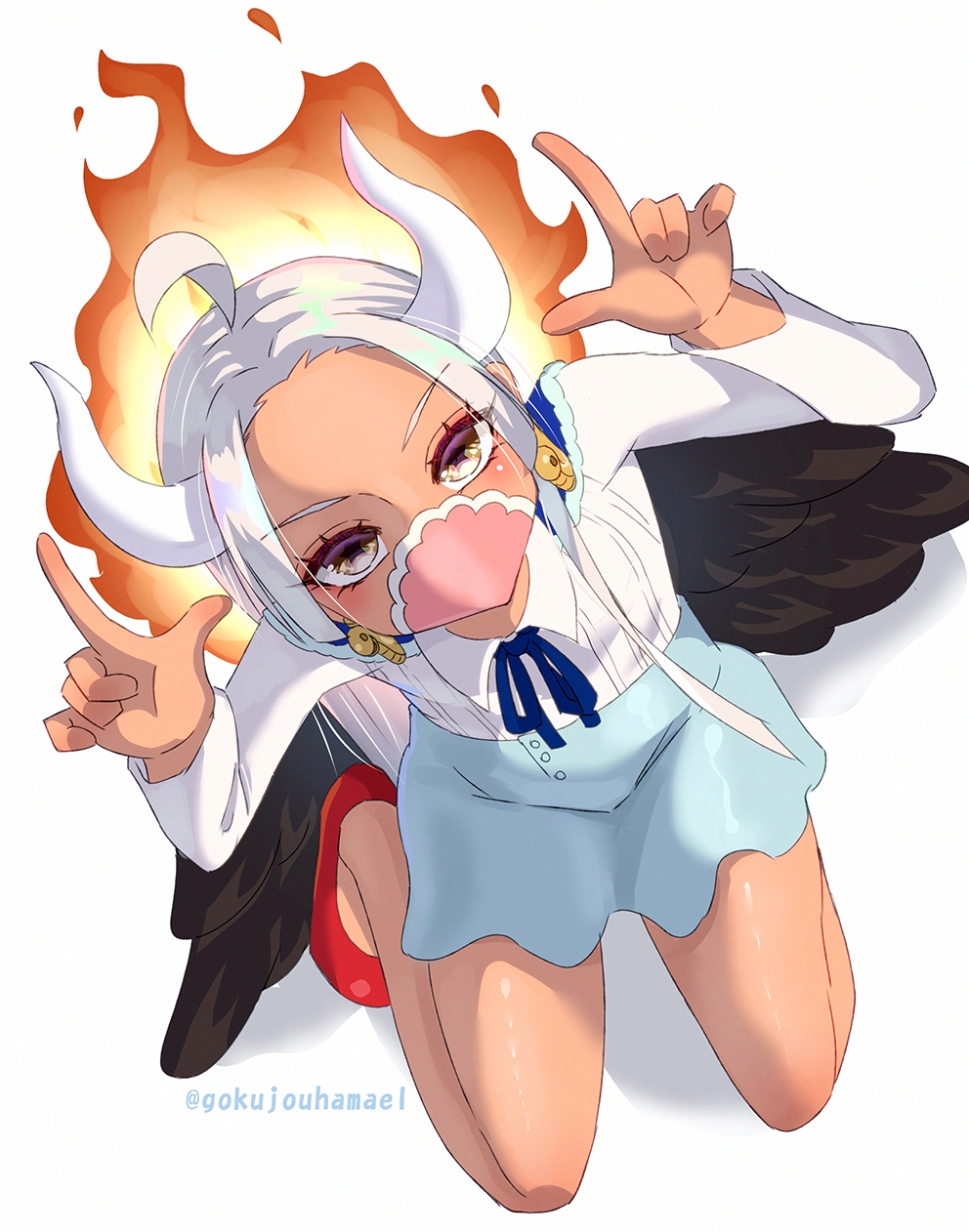 1girl ahoge black_wings blue_cape blue_skirt cape cosplay dark-skinned_female dark_skin feathered_wings hamaeru highres horns kneeling long_hair long_sleeves looking_at_viewer mask mouth_mask one_piece pink_mask red_shoes s-snake seraphim_(one_piece) shirt shoes skirt solo star-shaped_pupils star_(symbol) symbol-shaped_pupils ulti_(one_piece) ulti_(one_piece)_(cosplay) white_background white_hair white_shirt wings yellow_eyes