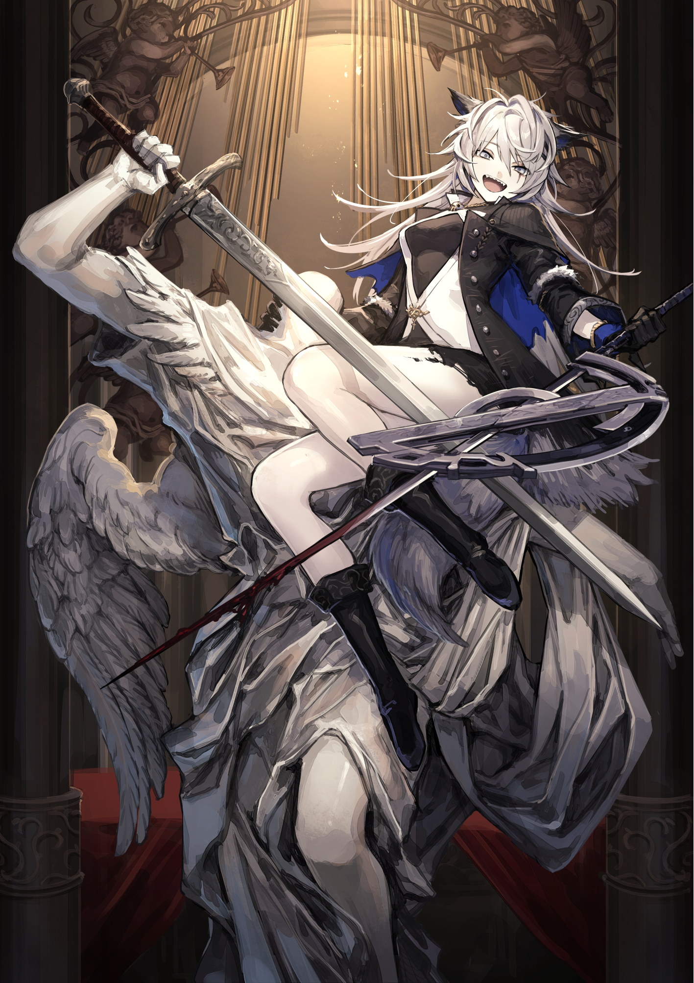 1girl angel_statue animal_ears arknights black_boots black_coat black_shorts blue_gloves boots breasts buttons cherub church coat commentary crossed_swords english_commentary gloves grey_eyes highres holding holding_sword holding_weapon indoors instrument lappland_(arknights) lappland_(refined_horrormare)_(arknights) long_hair looking_at_viewer material_growth medium_breasts mephisto_(angraecum) open_clothes open_coat open_mouth organ_(instrument) oripathy_lesion_(arknights) pillar pinstripe_pattern scar scar_across_eye scar_on_face sharp_teeth shirt shorts silver_hair smile solo statue striped sword tail teeth tongue upper_teeth_only weapon white_shirt wolf_ears wolf_girl wolf_tail