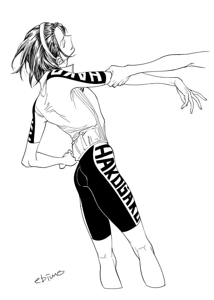 2boys bangs_pinned_back black_hair closed_eyes collared_shirt from_side grabbing_another&#039;s_arm greyscale hairband hand_on_own_hip head_tilt leaning_back male_focus medium_hair mojisan_(ebimo) monochrome multiple_boys parted_lips shirt short_sleeves shorts signature simple_background skinny smile solo_focus sportswear standing toudou_jinpachi yowamushi_pedal