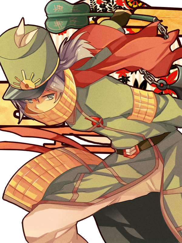 1girl belt blue_eyes blue_hair female_focus fingerless_gloves gloves hat long_coat magatama matching_hair/eyes matryoshka_(borscht) orange_scarf original pants ponytail riverbed_soul_saver scarf scarf_over_mouth short_hair solo takenouchi_no_tarumi touhou