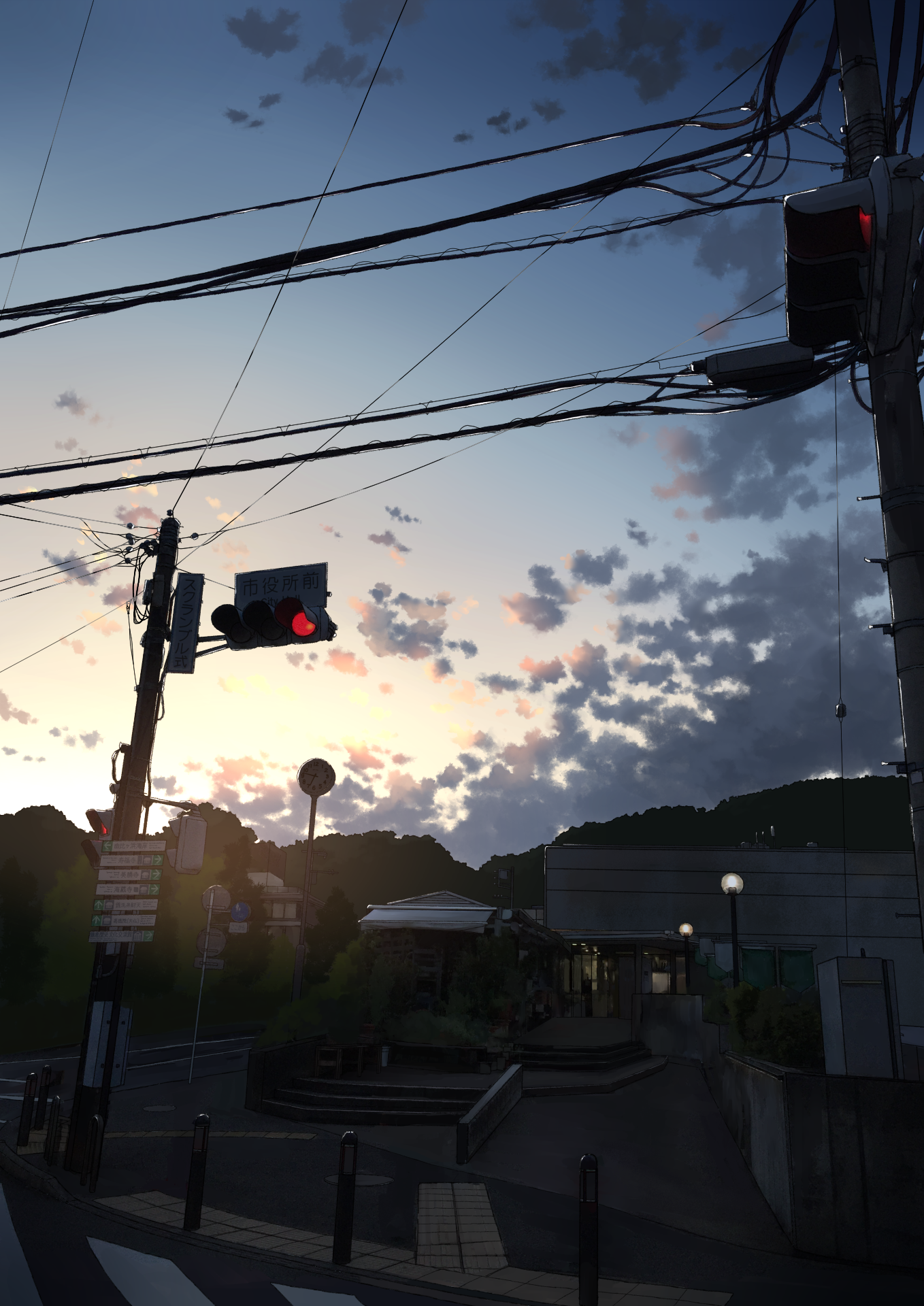 anyotete building bush city cityscape cloud commentary crosswalk day fence highres lamppost morning no_humans original outdoors power_lines railing road road_sign scenery sidewalk sign sky stairs street sunset traffic_light tree utility_pole