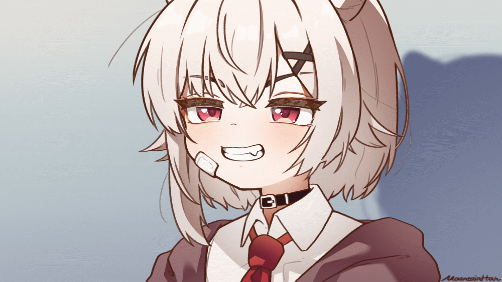 1boy 1girl animated animated_gif blinking closed_mouth collared_shirt grey_hair grin hair_ornament hand_on_another&#039;s_chin indie_virtual_youtuber mountain_han necktie red_eyes red_necktie saruei_(vtuber) shirt short_hair smile solo_focus virtual_youtuber wavy_mouth white_shirt x_hair_ornament