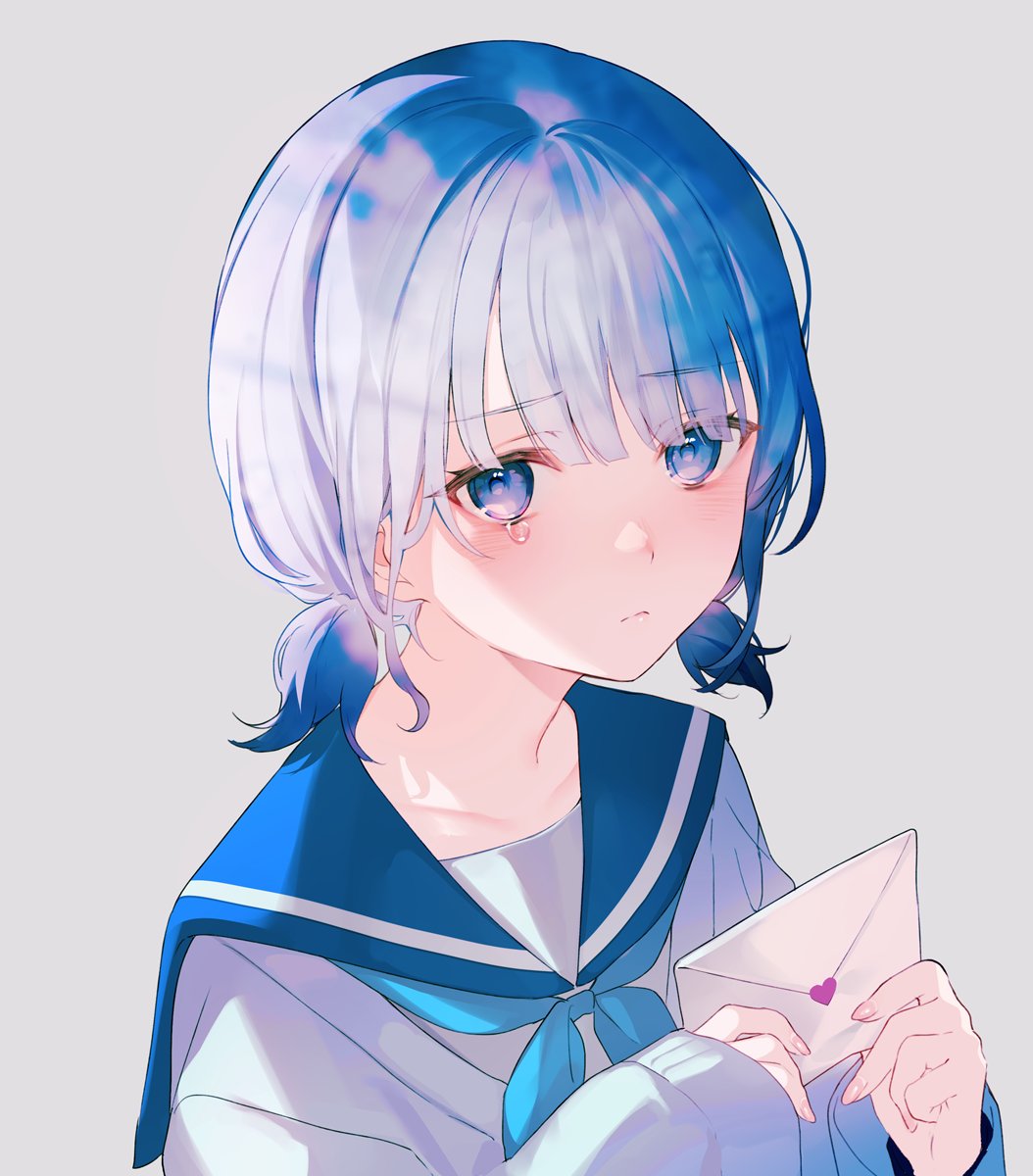 1girl achiki aqua_neckerchief blue_eyes blue_hair blue_sailor_collar blunt_bangs blush collarbone commentary frown grey_background highres holding holding_letter letter long_sleeves looking_at_viewer love_letter medium_hair neckerchief original sailor_collar shirt short_twintails simple_background sleeves_past_wrists solo symbol-only_commentary tearing_up twintails white_shirt