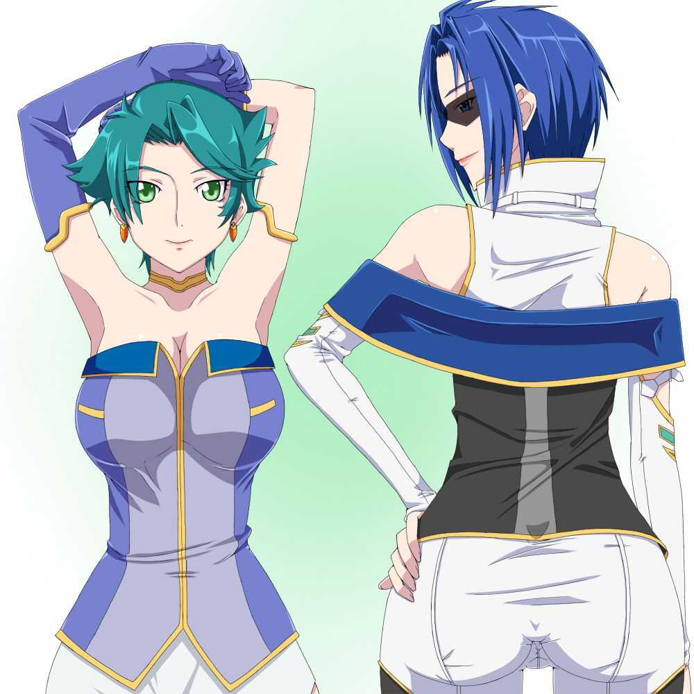 2girls arms_up ass aya_kobayashi banpresto blue_eyes blue_hair breasts cleavage detached_sleeves earrings elbow_gloves gloves green_eyes green_hair hand_on_own_hip jewelry large_breasts lipstick looking_at_viewer looking_back makeup multiple_girls short_hair skin_tight smile sunglasses super_robot_wars super_robot_wars_original_generation viletta_badam yoshida_keiji