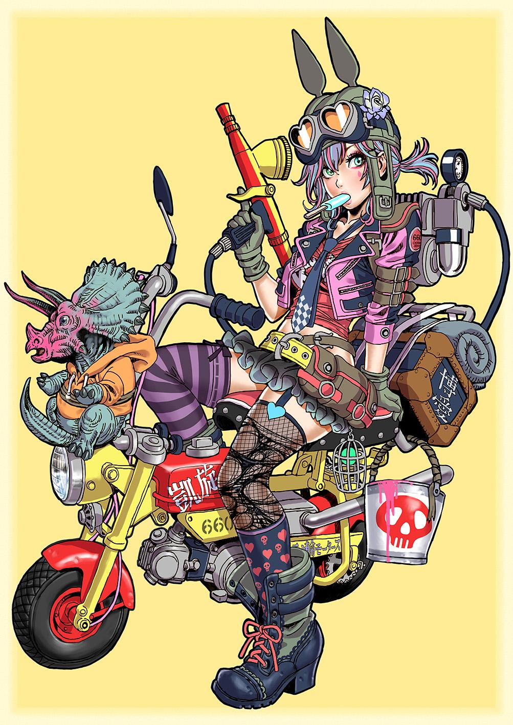 1girl aqua_eyes asymmetrical_legwear boots bucket cropped_jacket dinosaur female_focus fishnets food full_body gloves goggles goggles_on_head grey_gloves heart heart_print helmet highres jacket looking_at_viewer loose_necktie midriff miniskirt mismatched_legwear monkey_bike motor_vehicle motorcycle motorcycle_helmet multicolored_hair necktie noped plastic_angels popsicle red_shirt shirt short_hair simple_background sitting skirt skull_print solo thighhighs two-tone_hair vehicle yamashita_shun&#039;ya yellow_background