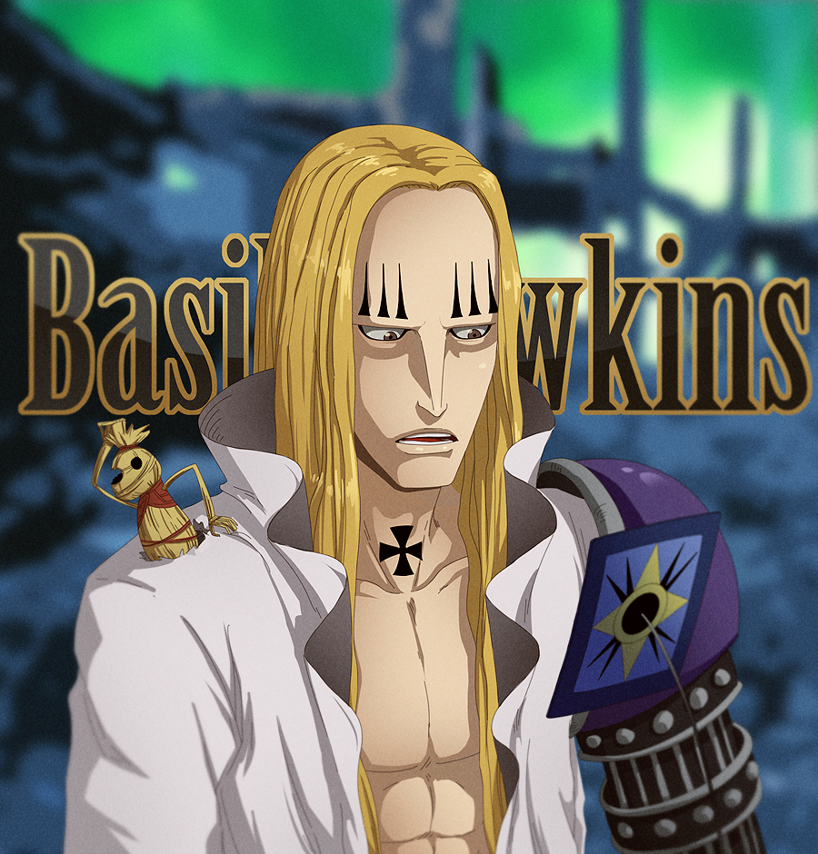 1boy abs armor basil_hawkins blonde_hair brown_eyes card character_name commentary corey_miller cross cross_patty english_commentary facial_mark floating_card frilled_shirt frills long_hair male_focus neck_tattoo one_piece open_clothes open_mouth pauldrons shirt shoulder_armor single_pauldron solo tattoo teeth white_shirt