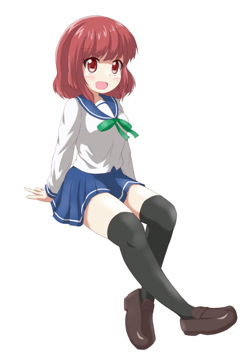 1girl black_thighhighs blue_sailor_collar blush breasts female_focus full_body highres koisuru_asteroid long_sleeves looking_at_viewer medium_breasts medium_hair nanog_eb1994 open_mouth red_eyes red_hair sailor_collar sakurai_mikage school_uniform serafuku shirt shoes simple_background sitting solo thighhighs white_background
