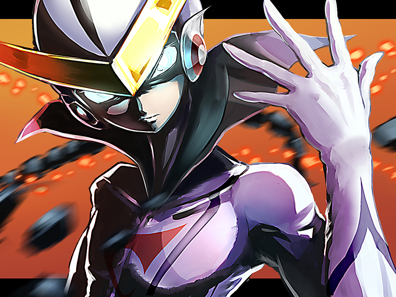 1boy blue_eyes bodysuit casshern casshern_(series) casshern_sins closed_mouth commentary_request embers glowing glowing_eyes hand_up helmet looking_at_viewer male_focus orange_background ruka_chomoranma serious shaded_face solo upper_body v-fin white_bodysuit