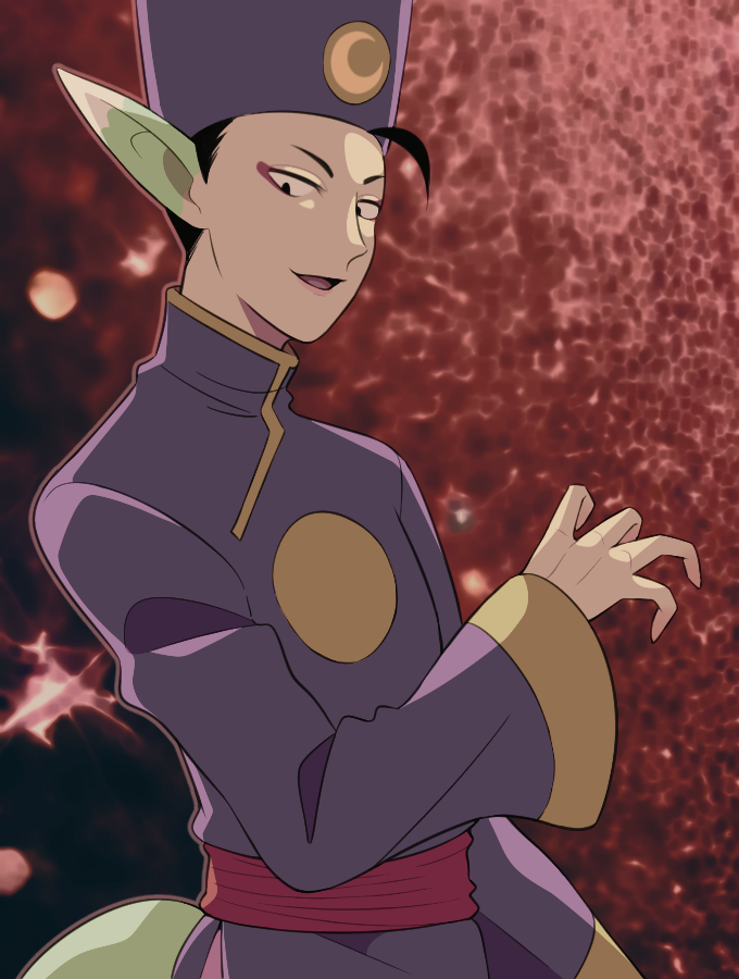 1boy ahoge black_hair breath_of_fire breath_of_fire_iv eyeshadow hat looking_at_viewer makeup male_focus minashirazu open_mouth pointy_ears smile solo wide_sleeves yuna_(breath_of_fire)