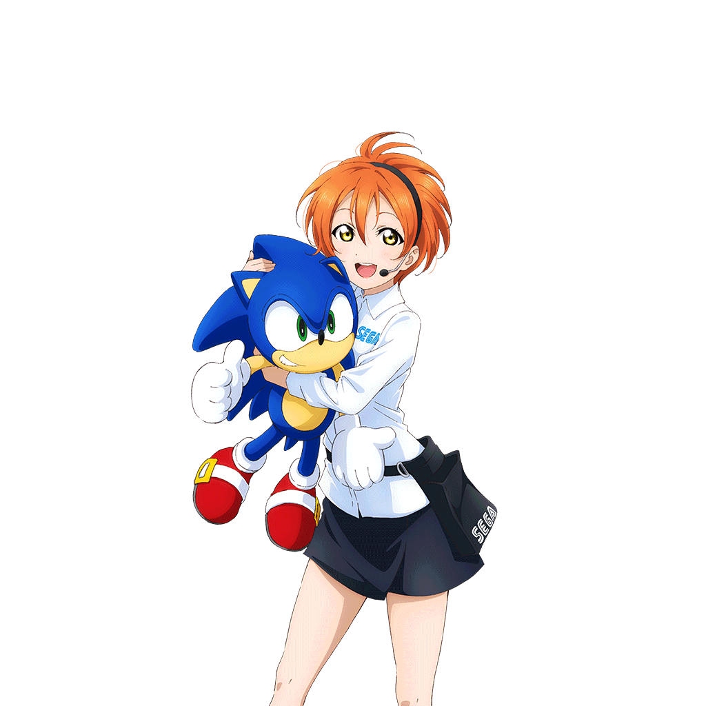 1girl belt_pouch black_skirt blush character_doll collared_shirt crossover feet_out_of_frame headset holding holding_stuffed_toy hoshizora_rin long_sleeves looking_at_viewer love_live! love_live!_school_idol_festival love_live!_school_idol_project miniskirt official_art open_mouth orange_hair pouch sega sega_staff_image_girl shirt short_hair skirt smile sonic_(series) sonic_the_hedgehog stuffed_toy teeth thumbs_up transparent_background upper_teeth_only white_shirt yellow_eyes