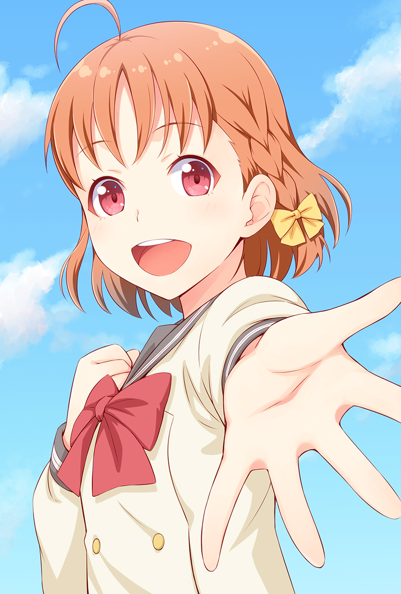1girl ahoge braid clenched_hand cloud day ha-ru hand_on_own_chest long_sleeves looking_at_viewer love_live! love_live!_sunshine!! open_hand orange_hair reaching reaching_towards_viewer red_hair red_ribbon ribbon round_teeth school_uniform short_hair side_braid sky takami_chika teeth uranohoshi_school_uniform yellow_ribbon