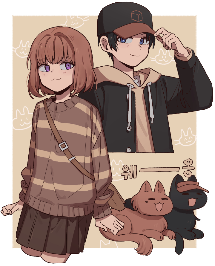1boy 1girl :3 :d =_= adjusting_clothes adjusting_headwear animal animalization baseball_cap black_headwear black_jacket blue_eyes brown_hair brown_skirt casual cat clothed_animal commentary cropped_legs cropped_torso drawstring hand_on_headwear hat hood hoodie jacket long_sleeves looking_at_viewer miniskirt mole mole_under_eye nana_0253 oki_kouji open_mouth pleated_skirt purple_eyes red_headwear shirt short_hair skirt smile striped_clothes striped_sweater sweater ui_madoka visor_cap white_shirt world_trigger