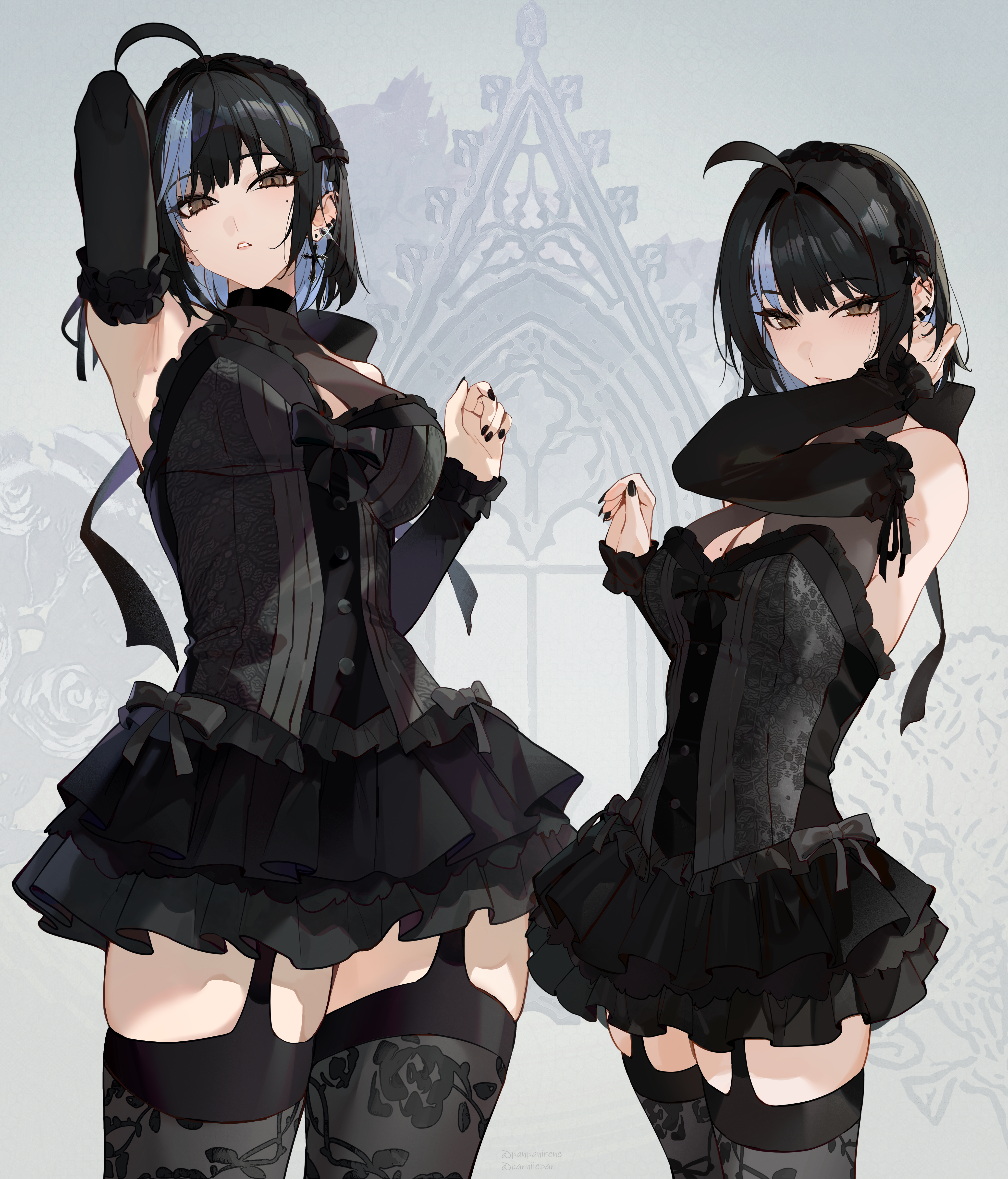 1girl absurdres armpits black_hair black_nails black_sleeves black_thighhighs blue_hair blush breasts brown_eyes cleavage commentary detached_sleeves dress english_commentary frilled_dress frills from_side garter_straps goth_fashion hand_in_own_hair highres irene_(kanniiepan) kanniiepan lace lace-trimmed_dress lace-trimmed_sleeves lace_trim large_breasts looking_at_viewer mole mole_on_breast mole_under_eye multiple_views nail_polish original skindentation thighhighs thighs white_background zettai_ryouiki
