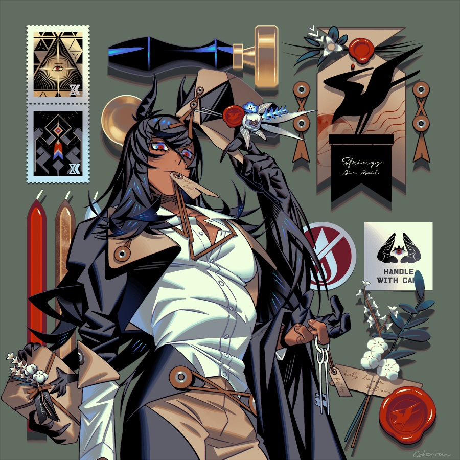 1boy animal_ears black_hair black_jacket black_wings chaps claws cowboy_shot cropped_jacket dark-skinned_male dark_skin edarow extra_arms feathered_wings green_background hat holding holding_unworn_clothes holding_unworn_hat jacket long_hair looking_at_viewer mailman male_focus mouth_hold muscular muscular_male original package pectoral_cleavage pectorals postage_stamp puffy_chest red_eyes shirt solo tag taut_clothes unworn_hat unworn_headwear wax_seal white_shirt winged_arms wings