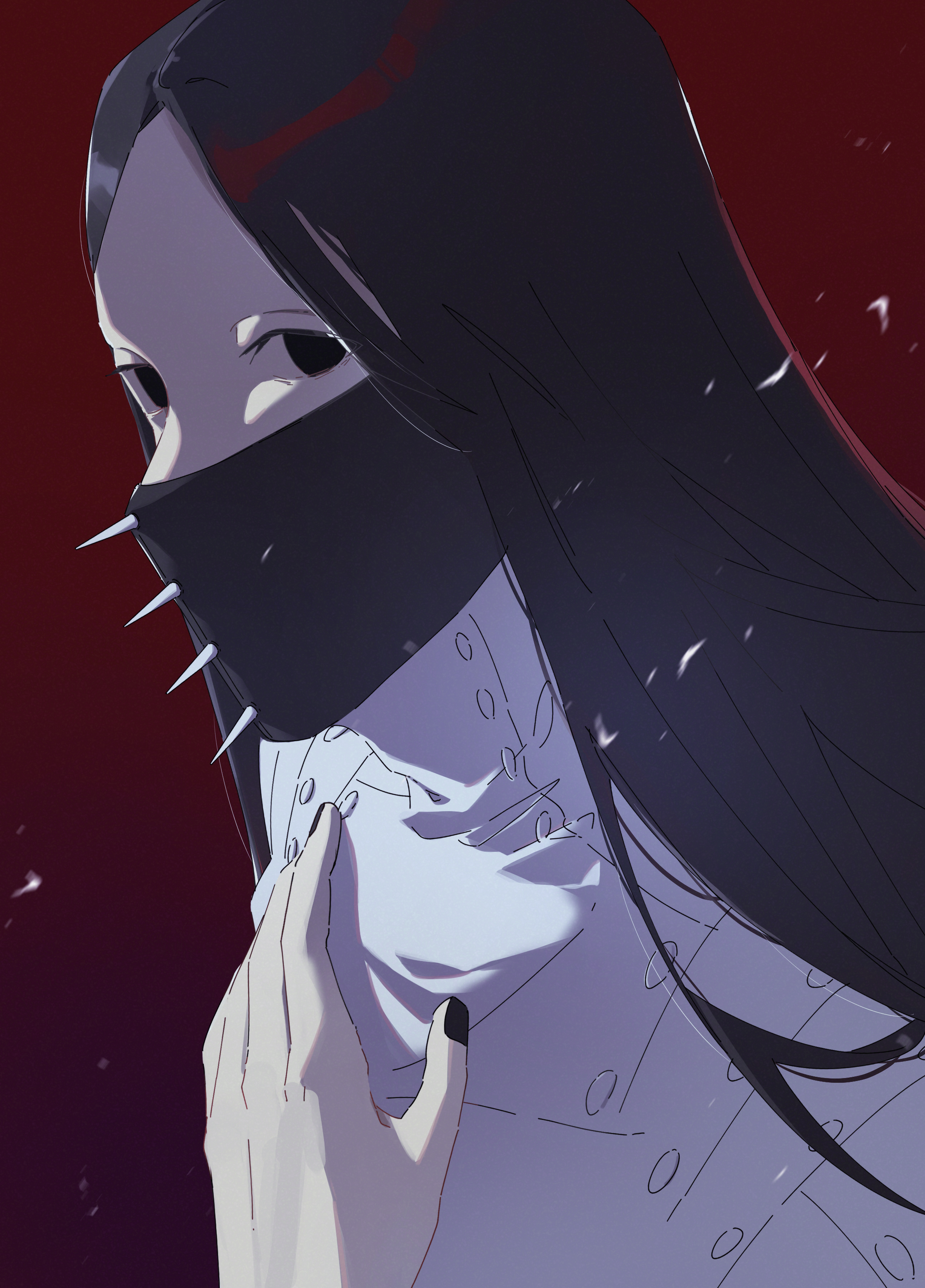 1boy absurdres as_nodt black_eyes black_hair black_mask black_nails bleach bleach:_sennen_kessen-hen close-up coat colored_skin commentary covered_mouth forehead hand_up hannahyu highres long_hair looking_at_viewer male_focus nail_polish parted_bangs red_background sidelighting simple_background solo spiked_mask straight_hair white_coat white_skin