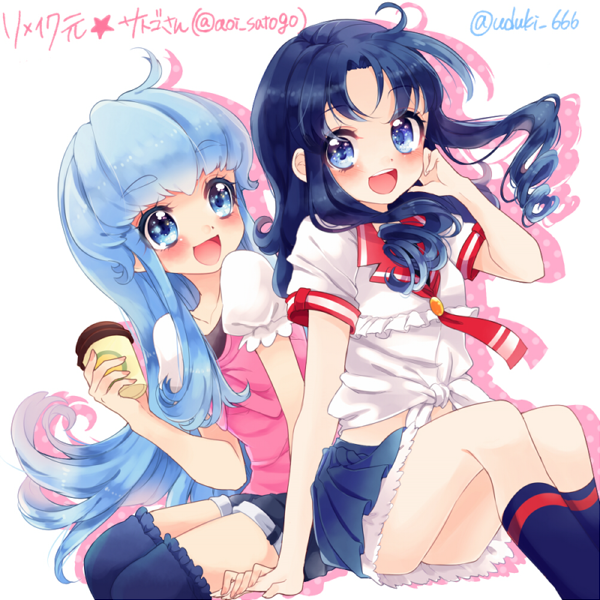 10s 2girls black_legwear blue_eyes blue_hair blue_skirt blush color_connection cowboy_shot happinesscharge_precure! heartcatch_precure! kurumi_erika long_hair looking_at_another looking_at_viewer multiple_girls precure shirayuki_hime shirt shorts sidelocks sitting skirt smile thighhighs twitter_username uzuki_aki white_background