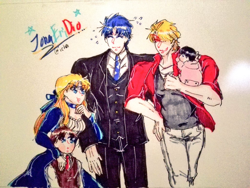 05_icha 1girl 4boys aged_down arm_hug baby black_hair blonde_hair blue_eyes blue_hair brown_hair carrying child closed_eyes dio_brando dress erina_pendleton family father_and_son flying_sweatdrops george_joestar_ii giorno_giovanna haruno_shiobana jojo_no_kimyou_na_bouken jonathan_joestar long_hair looking_at_another mother_and_son multiple_boys pout short_hair smile