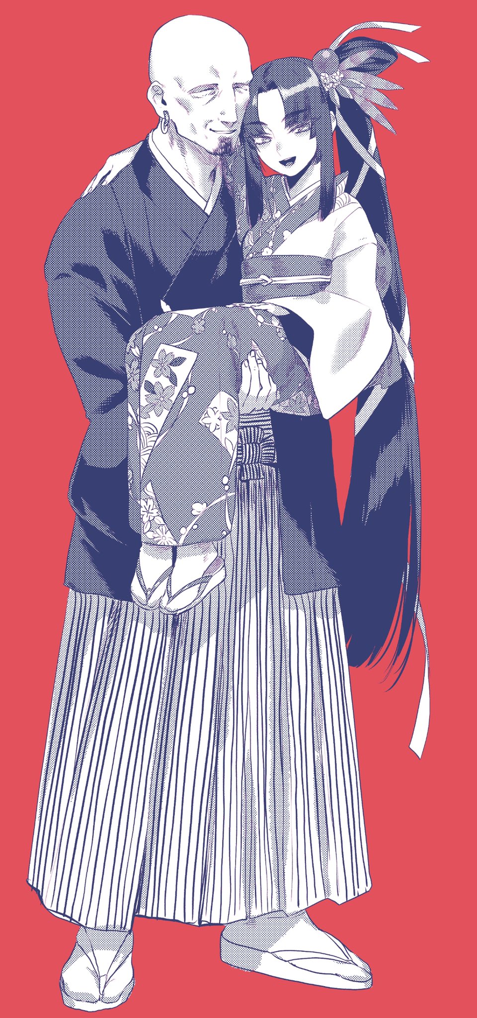1boy 1girl alternate_costume bald beard carrying commentary_request earrings closed_eyes facial_hair fate/grand_order fate_(series) flower formal_clothes furisode goatee hair_flower hair_ornament hair_ribbon hakama hakama_skirt highres holding_person japanese_clothes jewelry kimono limited_palette long_hair looking_at_viewer musashibou_benkei_(fate) obi princess_carry red_background ribbon rokkotsu sandals sash side_ponytail sidelocks simple_background skirt smile ushiwakamaru_(fate) ushiwakamaru_(formal_dress)_(fate) very_long_hair zouri