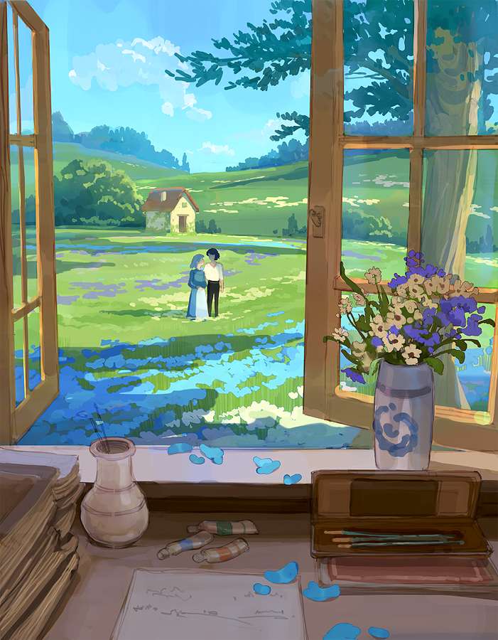 1boy 1girl black_hair blue_dress blue_hair blue_sky building day denis_istomin dress faceless faceless_female faceless_male field flower flower_field howl_pendragon howl_no_ugoku_shiro meadow open_window outdoors paint_tube paintbrush pants petals scenery shirt sky sophie_hatter standing tree vase white_shirt wide_shot window
