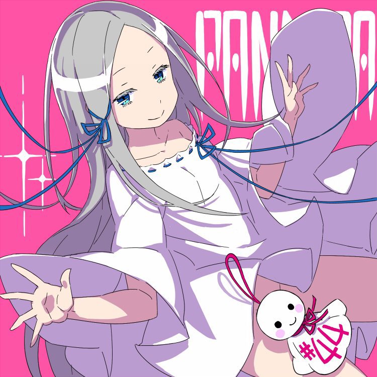 1girl bad_id bad_twitter_id bare_legs blue_eyes blue_ribbon collarbone colored_eyelashes convenient_censoring cowboy_shot dress forehead grey_hair groin hair_ribbon long_hair looking_at_viewer naked_poncho no_panties off_shoulder official_art ootsuka_shin&#039;ichirou pandora_(re:zero) parted_bangs pink_background re:zero_kara_hajimeru_isekai_seikatsu ribbon ribbon-trimmed_clothes ribbon-trimmed_dress ribbon-trimmed_shirt ribbon_trim shirt simple_background smile solo very_long_hair white_dress