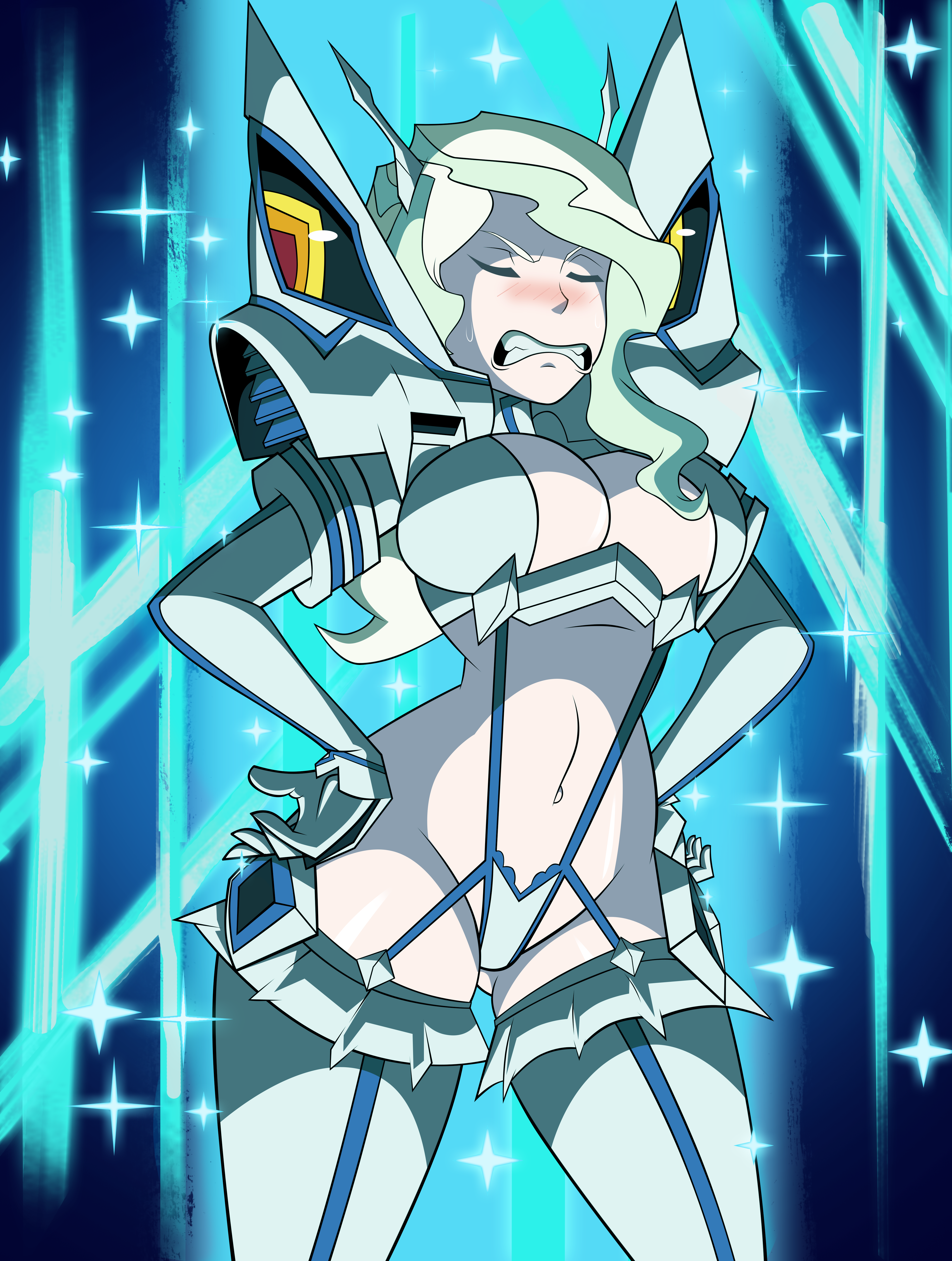 1girl absurdres blonde_hair blush breasts cleavage cleavage_cutout clenched_teeth closed_eyes clothing_cutout company_connection cosplay crossover diana_cavendish embarrassed frown gloves grimphantom hands_on_own_hips highres junketsu kill_la_kill kiryuuin_satsuki_(cosplay) large_breasts little_witch_academia long_hair multicolored_hair navel parody solo sparkle_background teeth thick_thighs thighhighs thighs trigger_(company) white_gloves white_thighhighs
