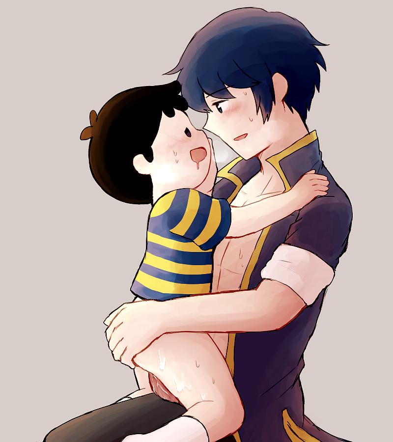 2boys age_difference anal ass bare_legs black_hair blue_hair blush carrying child cum elementary_schoolboy fire_emblem humming looking_at_another marth_(fire_emblem) mother_(series) mother_2 mother_3 multiple_boys ness_(mother_2) nintendo no_pants prince saliva sex shirt shorts shota super_smash_bros. sweat sweatdrop yaoi