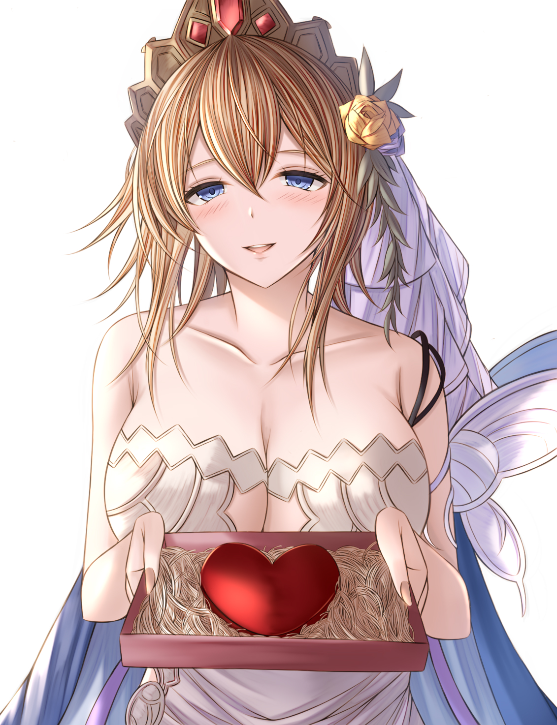 1girl bare_shoulders blonde_hair blue_eyes box breasts candy chocolate chocolate_heart cleavage collarbone dress europa_(granblue_fantasy) flower food granblue_fantasy hair_flower hair_ornament heart heart-shaped_food highres holding holding_box kanpyou_(hghgkenfany) large_breasts medium_hair simple_background solo tiara upper_body white_background white_dress yellow_flower