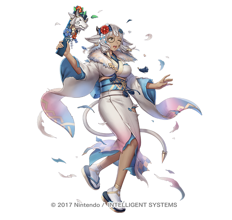 1girl anbe_yoshirou animal_ears ash_(fire_emblem) ash_(new_year)_(fire_emblem) breasts cow_ears cow_horns cow_tail dark-skinned_female dark_skin facial_mark fire_emblem fire_emblem_heroes flower full_body fur_trim gradient_background gradient_clothes hagoita hair_ornament holding horns japanese_clothes kimono long_hair medium_breasts nintendo obi official_art one_eye_closed open_mouth paddle sandals sash sidelocks solo tabi tail teeth torn_clothes torn_kimono upper_teeth_only white_background white_hair wide_sleeves yellow_eyes zouri