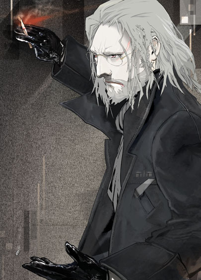 1boy cigarette dogs:_bullets_&amp;_carnage glasses holding holding_cigarette maeda_hirotaka male_focus mihai_mihaeroff monochrome smoke solo spot_color white_hair
